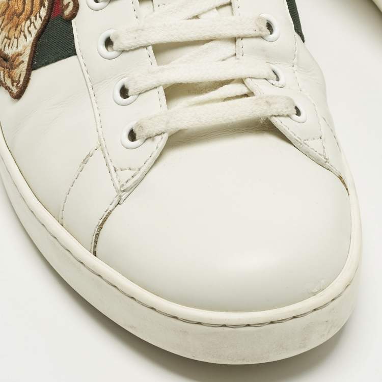 Pre Owned Gucci Ace Size 43 White Leather Web Tiger Embroidered Lace Up Sneakers