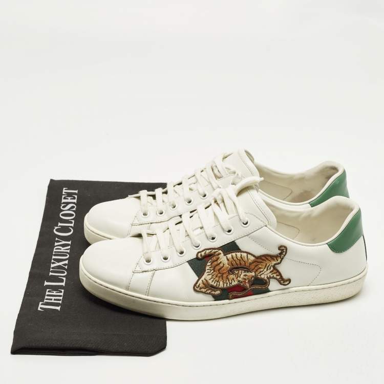 Pre Owned Gucci Ace Size 43 White Leather Web Tiger Embroidered Lace Up Sneakers