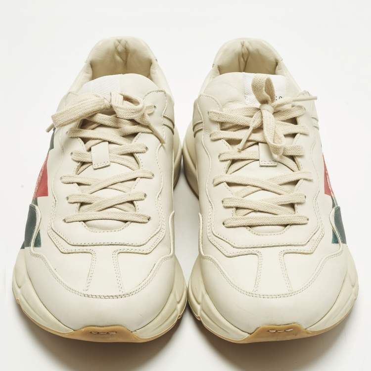 Pre Owned Gucci Rhyton Size 45 Cream Leather Logo Print Lace Up Sneakers
