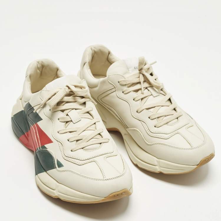 Pre Owned Gucci Rhyton Size 45 Cream Leather Logo Print Lace Up Sneakers