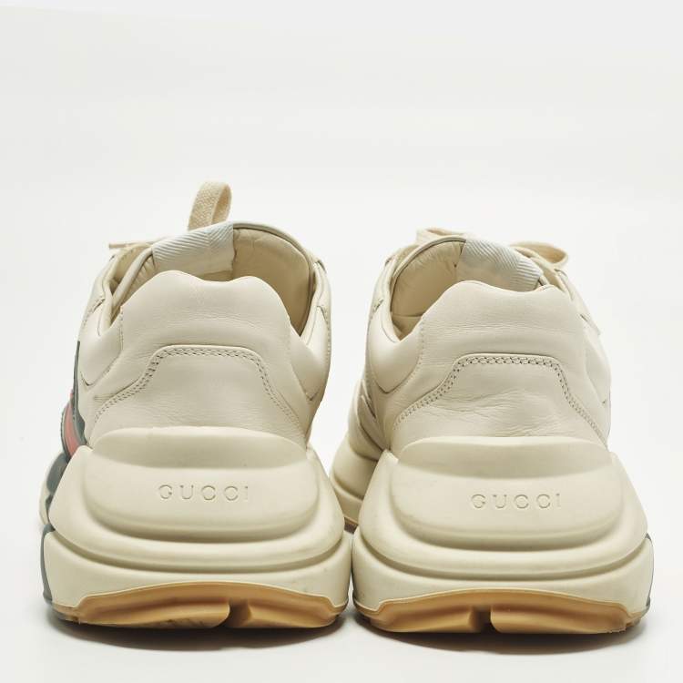 Pre Owned Gucci Rhyton Size 45 Cream Leather Logo Print Lace Up Sneakers