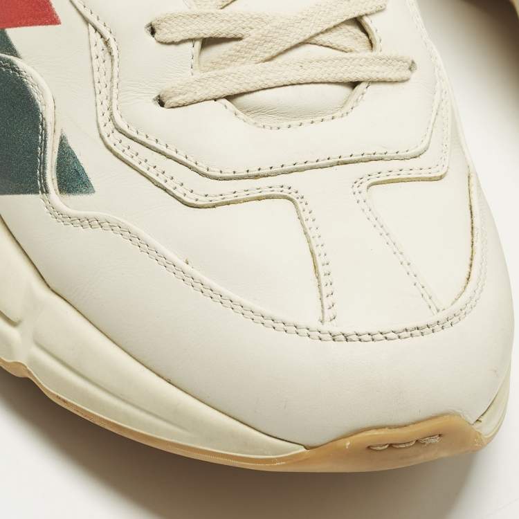 Pre Owned Gucci Rhyton Size 45 Cream Leather Logo Print Lace Up Sneakers