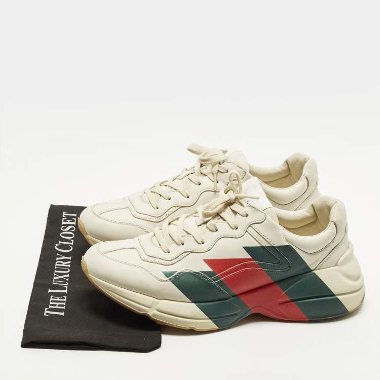 Pre Owned Gucci Rhyton Size 45 Cream Leather Logo Print Lace Up Sneakers