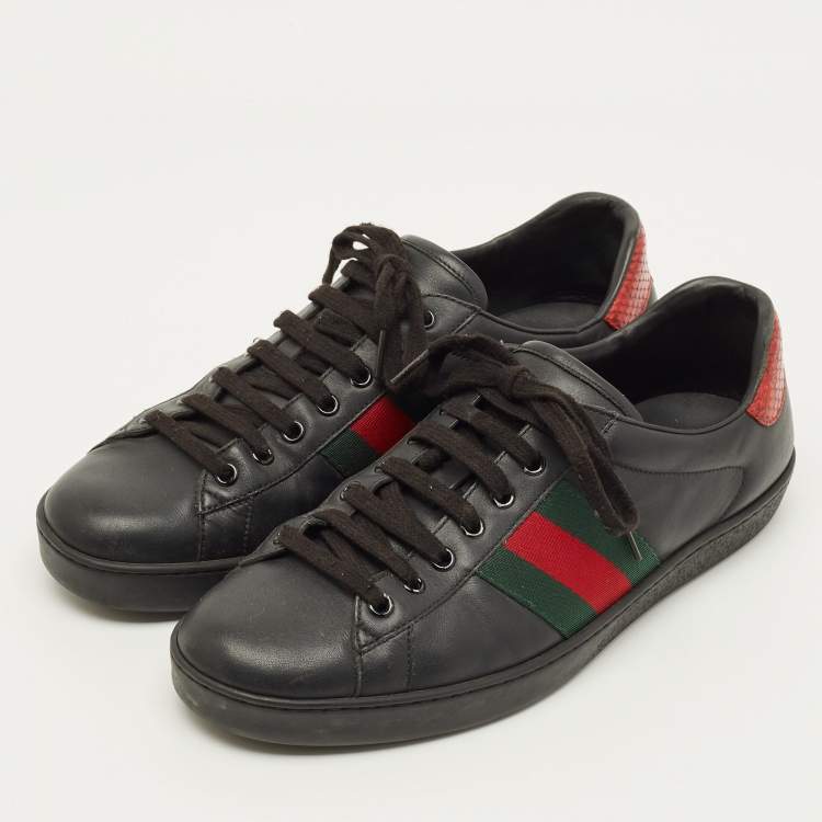Pre Owned Gucci Ace Size 43 Black Leather and Python Embossed Web Lace Up Sneakers