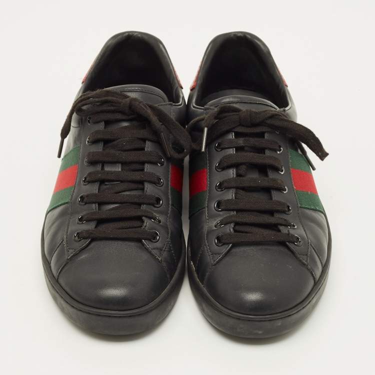 Pre Owned Gucci Ace Size 43 Black Leather and Python Embossed Web Lace Up Sneakers