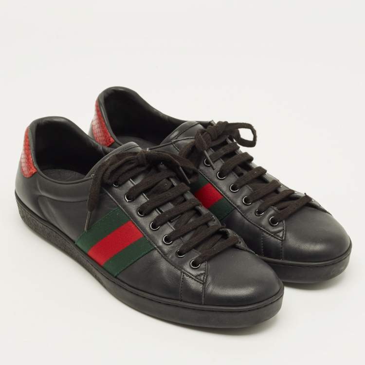Pre Owned Gucci Ace Size 43 Black Leather and Python Embossed Web Lace Up Sneakers