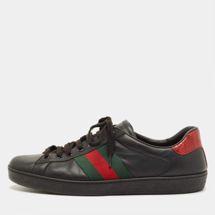 Pre Owned Gucci Ace Size 43 Black Leather and Python Embossed Web Lace Up Sneakers