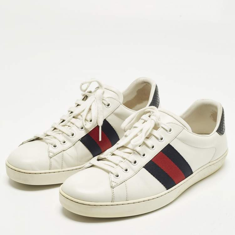 مملوكة مسبقًا Gucci Ace Size 43 White Leather and Python Embossed Web Lace Up Sneakers