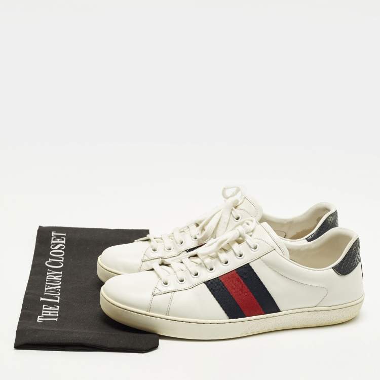مملوكة مسبقًا Gucci Ace Size 43 White Leather and Python Embossed Web Lace Up Sneakers