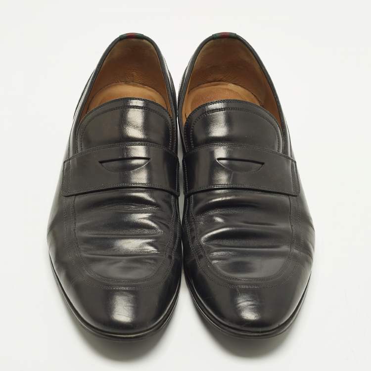 Pre Owned Gucci GG Web Size 43.5 Black Leather Slip On Loafers