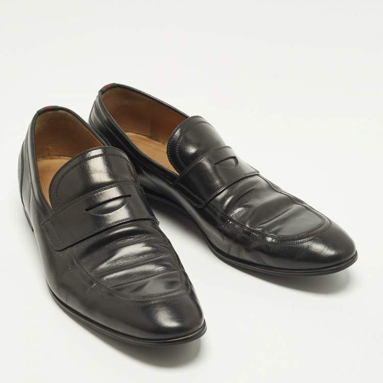 Pre Owned Gucci GG Web Size 43.5 Black Leather Slip On Loafers