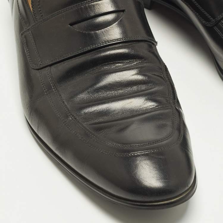 Pre Owned Gucci GG Web Size 43.5 Black Leather Slip On Loafers