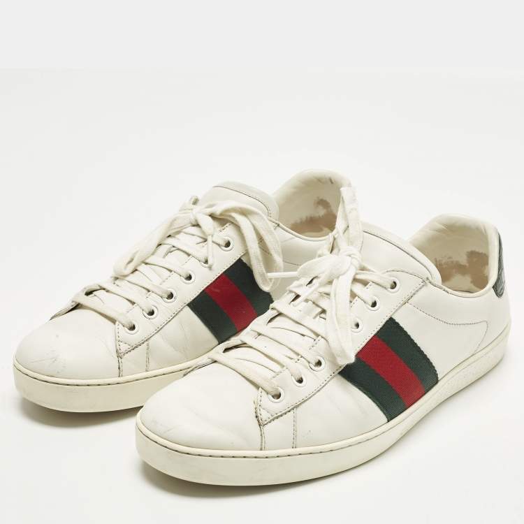 مملوكة مسبقًا Gucci Ace Size 44.5 White Crocodile Leather and Leather Web Low Top Sneakers