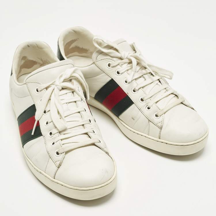 مملوكة مسبقًا Gucci Ace Size 44.5 White Crocodile Leather and Leather Web Low Top Sneakers