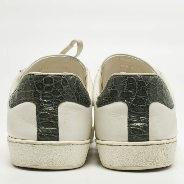 مملوكة مسبقًا Gucci Ace Size 44.5 White Crocodile Leather and Leather Web Low Top Sneakers