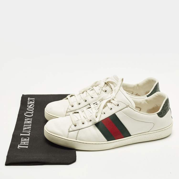 مملوكة مسبقًا Gucci Ace Size 44.5 White Crocodile Leather and Leather Web Low Top Sneakers