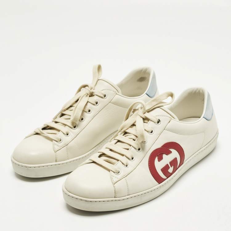 Pre Owned Gucci Interlocking G Size 43 Cream/Blue Leather and Suede Lace Up Sneakers