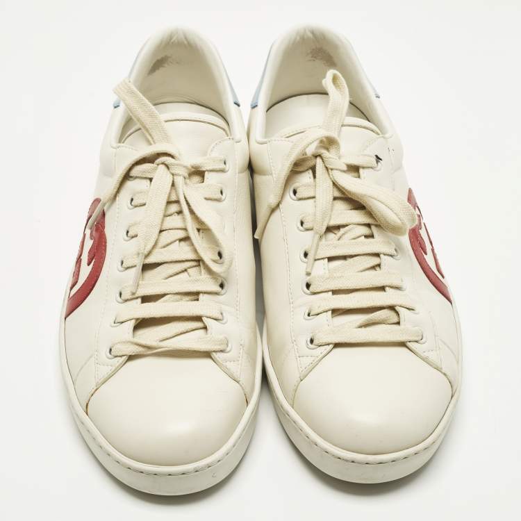 Pre Owned Gucci Interlocking G Size 43 Cream/Blue Leather and Suede Lace Up Sneakers