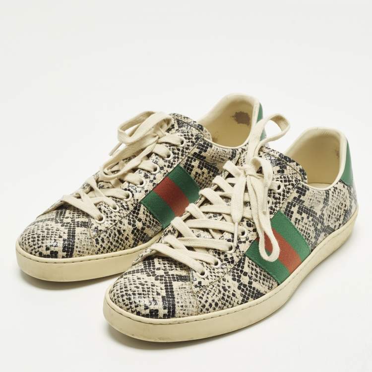 مملوكة مسبقًا Gucci Ace Size 43 Cream Python Embossed Leather Lace Up Sneakers