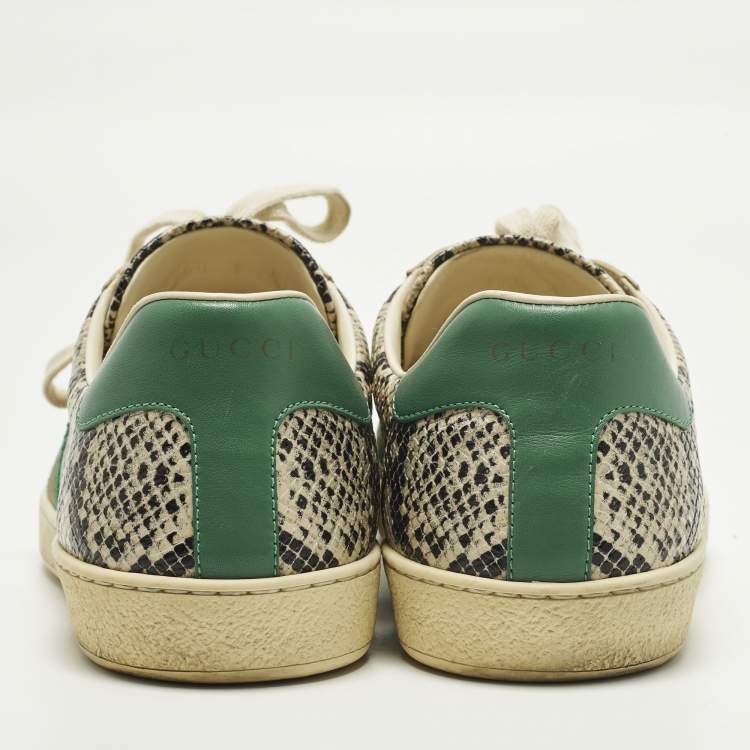 مملوكة مسبقًا Gucci Ace Size 43 Cream Python Embossed Leather Lace Up Sneakers