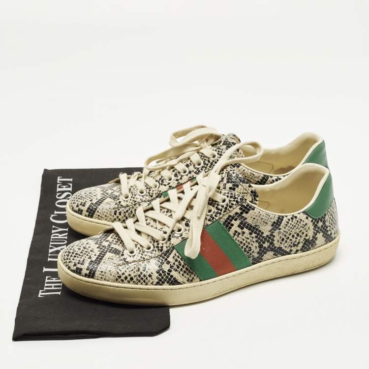 مملوكة مسبقًا Gucci Ace Size 43 Cream Python Embossed Leather Lace Up Sneakers