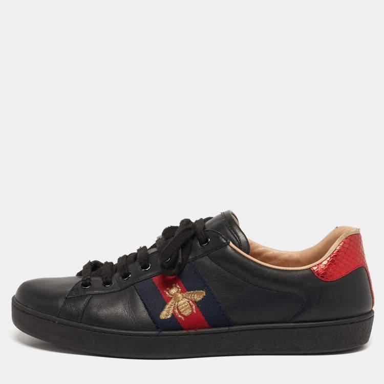 Pre Owned Gucci Ace Size 43 Black Python Embossed and Leather Web Low Top Sneakers