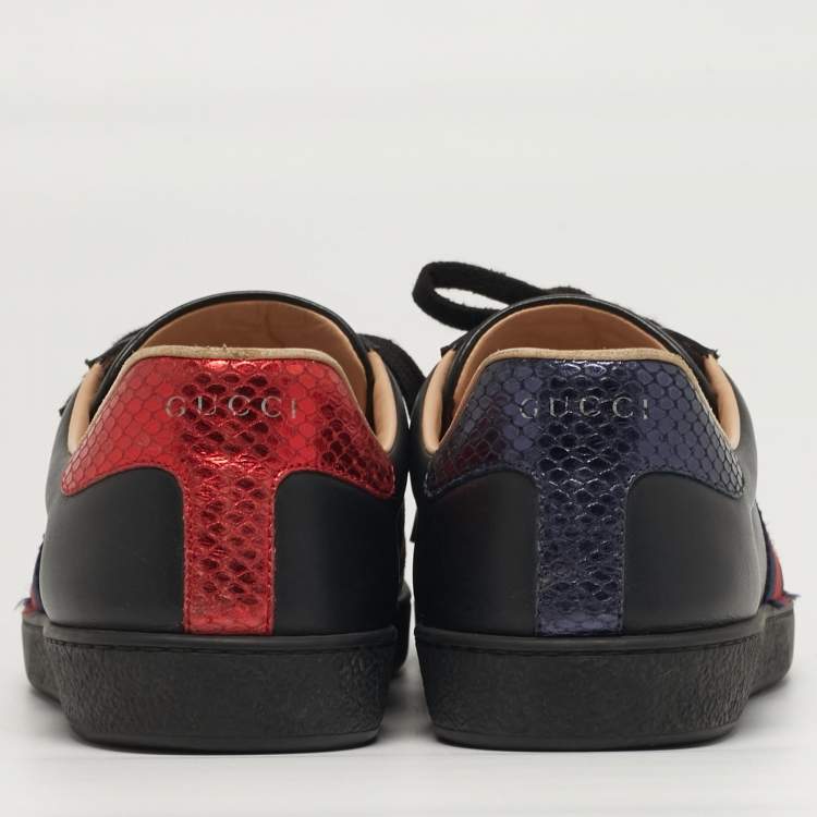 Pre Owned Gucci Ace Size 43 Black Python Embossed and Leather Web Low Top Sneakers