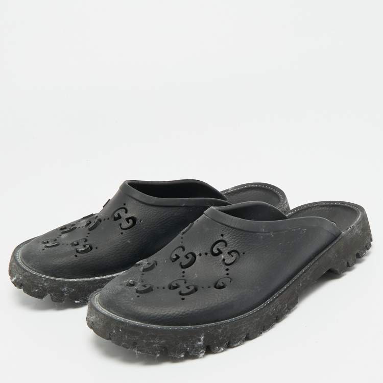 Pre Owned Gucci Size 41 Black GG Rubber Slip On Flat Mules