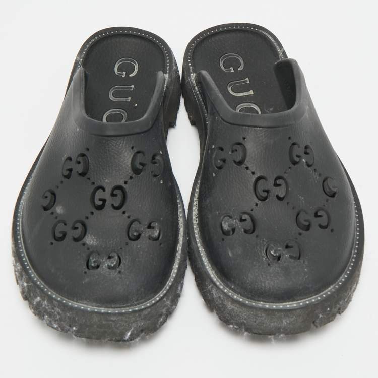 Pre Owned Gucci Size 41 Black GG Rubber Slip On Flat Mules