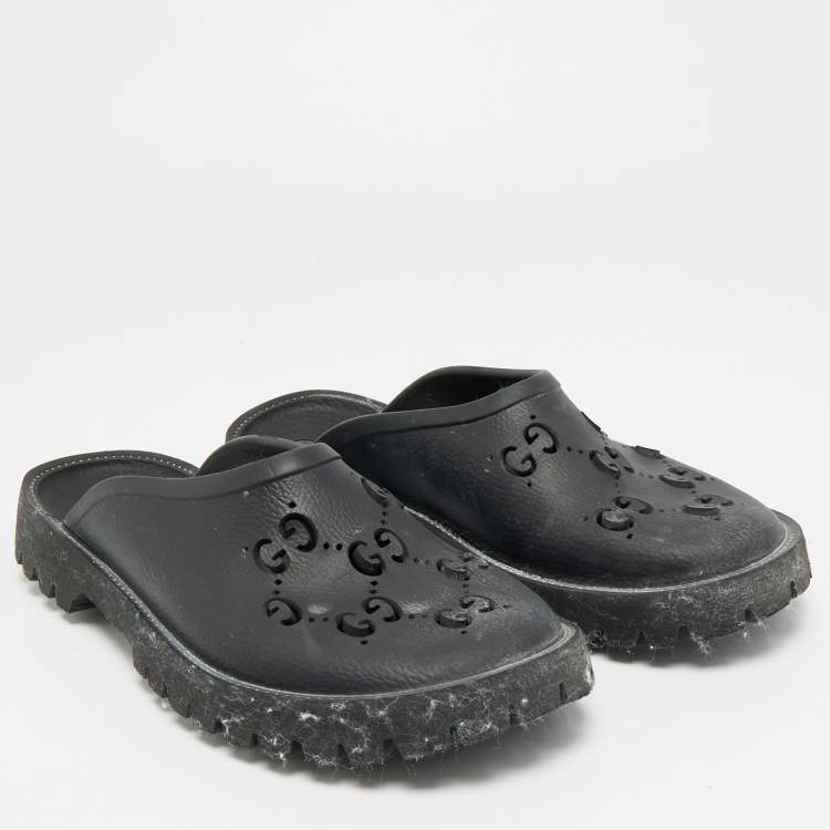 Pre Owned Gucci Size 41 Black GG Rubber Slip On Flat Mules