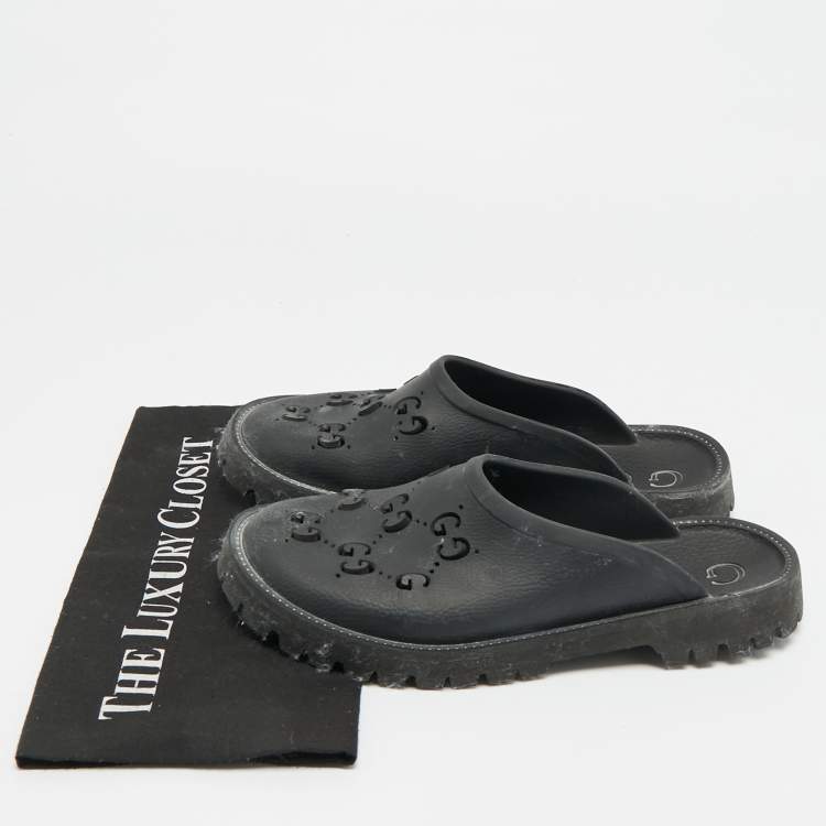 Pre Owned Gucci Size 41 Black GG Rubber Slip On Flat Mules