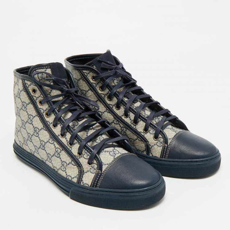Pre Owned Gucci GG Size 43 Navy Blue/Beige Canvas and Leather High Top Sneakers