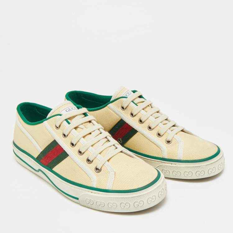 Pre Owned Gucci Tennis 1977 Size 41 Cream/Green Canvas Low Top Sneakers