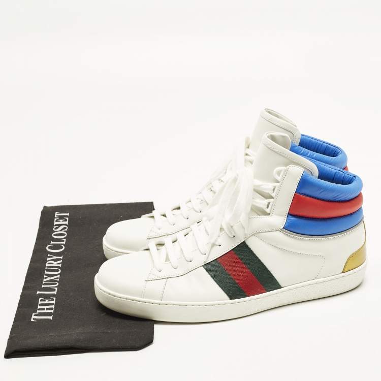 Pre Owned Gucci Ace Size 43.5 Multicolor Leather Stripe Web High Top Sneakers