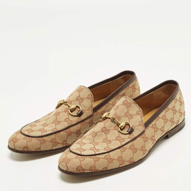 Pre Owned Gucci GG Jordaan Size 43 Beige Canvas and Leather Loafers