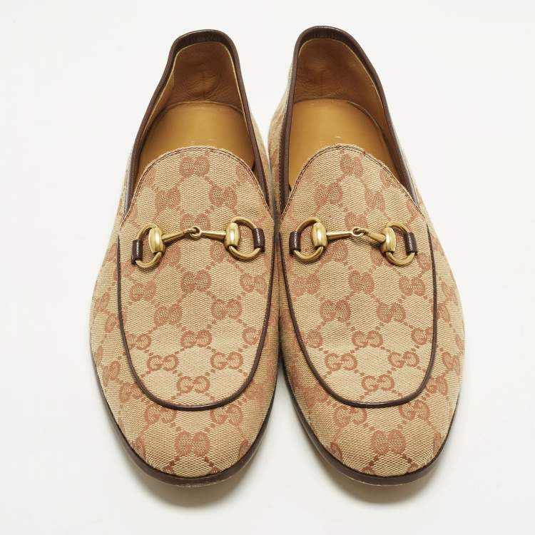 Pre Owned Gucci GG Jordaan Size 43 Beige Canvas and Leather Loafers