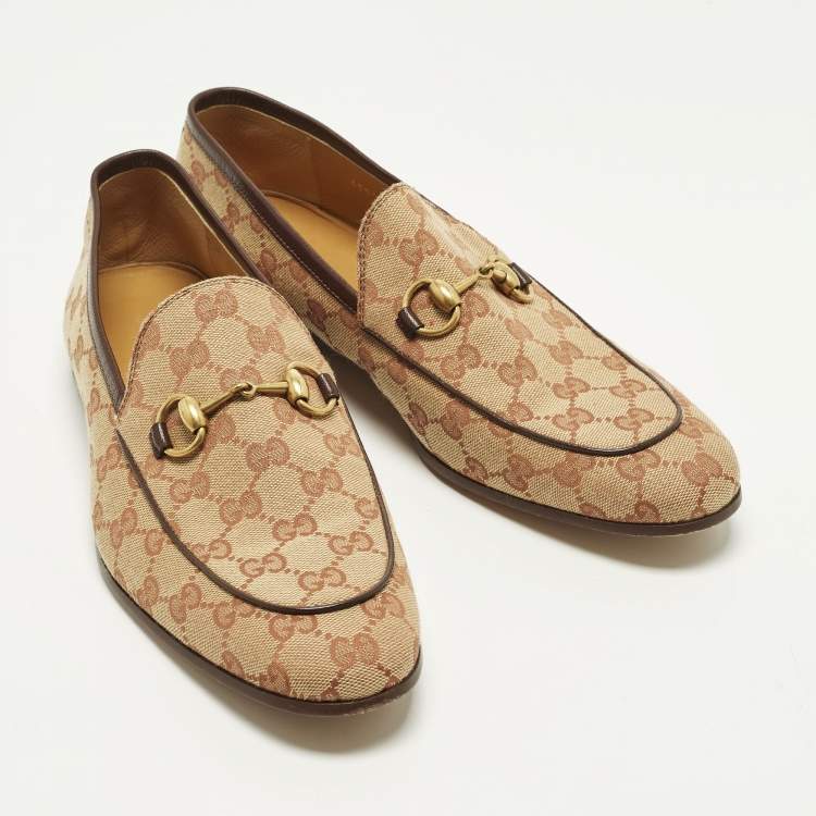Pre Owned Gucci GG Jordaan Size 43 Beige Canvas and Leather Loafers