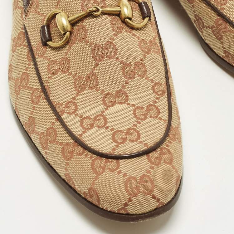 Pre Owned Gucci GG Jordaan Size 43 Beige Canvas and Leather Loafers