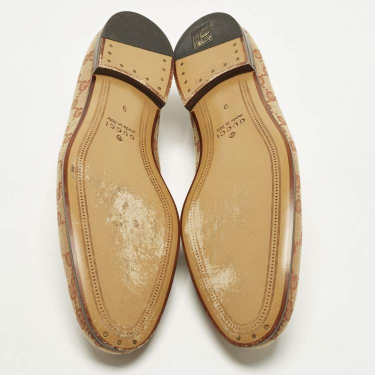 Pre Owned Gucci GG Jordaan Size 43 Beige Canvas and Leather Loafers