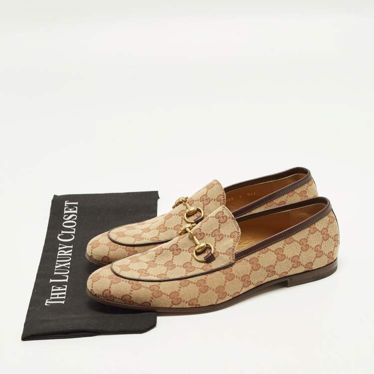 Pre Owned Gucci GG Jordaan Size 43 Beige Canvas and Leather Loafers