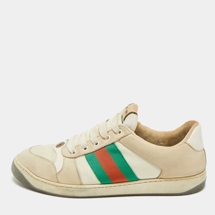 Pre Owned Gucci Screener Size 45 Beige Canvas and Nubuck Leather Web Low Top Sneakers