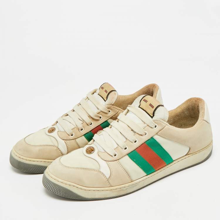 Pre Owned Gucci Screener Size 45 Beige Canvas and Nubuck Leather Web Low Top Sneakers
