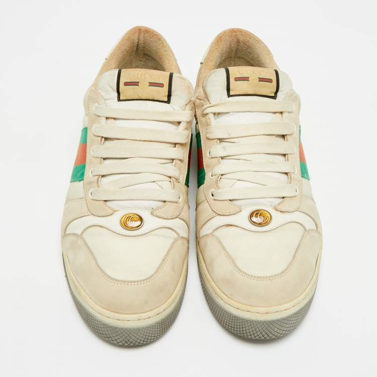 Pre Owned Gucci Screener Size 45 Beige Canvas and Nubuck Leather Web Low Top Sneakers