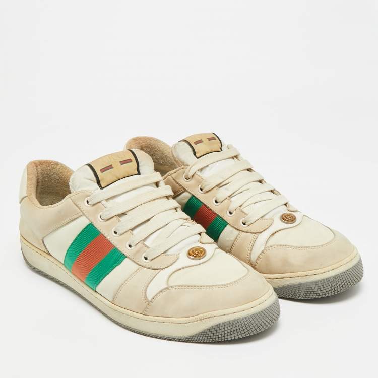 Pre Owned Gucci Screener Size 45 Beige Canvas and Nubuck Leather Web Low Top Sneakers