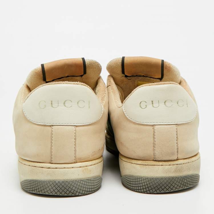 Pre Owned Gucci Screener Size 45 Beige Canvas and Nubuck Leather Web Low Top Sneakers