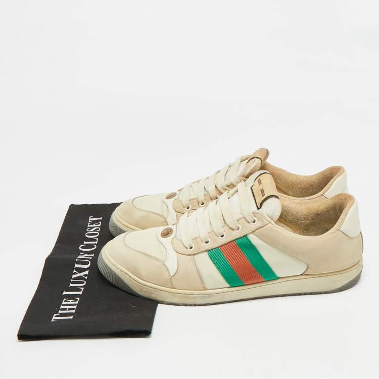 Pre Owned Gucci Screener Size 45 Beige Canvas and Nubuck Leather Web Low Top Sneakers