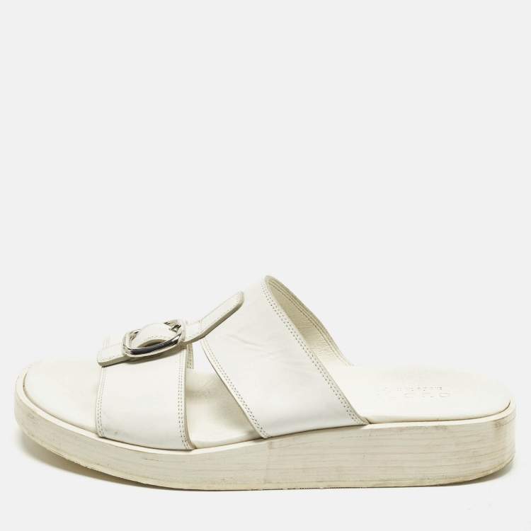 Pre Owned Gucci Size 43 White Leather Double Strap Flat Sandals