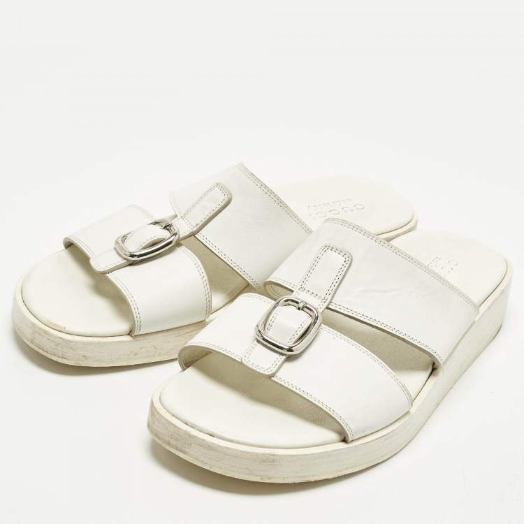 Pre Owned Gucci Size 43 White Leather Double Strap Flat Sandals