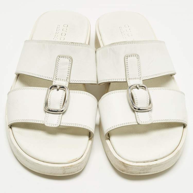 Pre Owned Gucci Size 43 White Leather Double Strap Flat Sandals