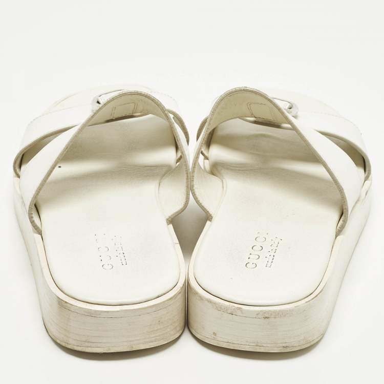 Pre Owned Gucci Size 43 White Leather Double Strap Flat Sandals